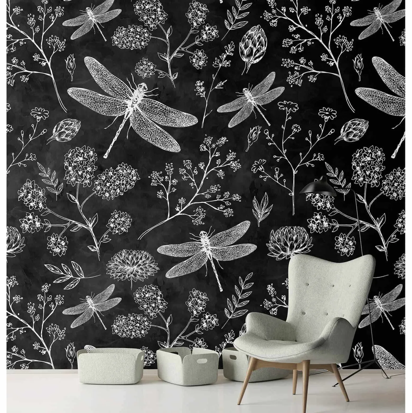 Fototapete Vlies Blumen Libellen Tafel schwarz Premium