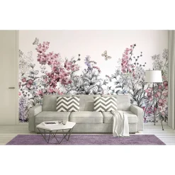Fototapete Vlies Blumen Schmetterling Floral grau rosa