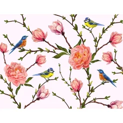 Fototapete Vlies Blumen Vögel Zweige weiß rosa grün blau