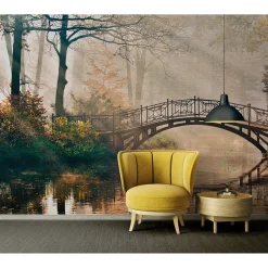 Fototapete Vlies Brücke Wald Fluss grün gelb braun