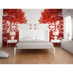 Fototapete Vlies Bätter Baum Grafik rot weiß