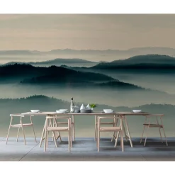 Fototapete Vlies Bäume Nebel Wald beige blau Premium