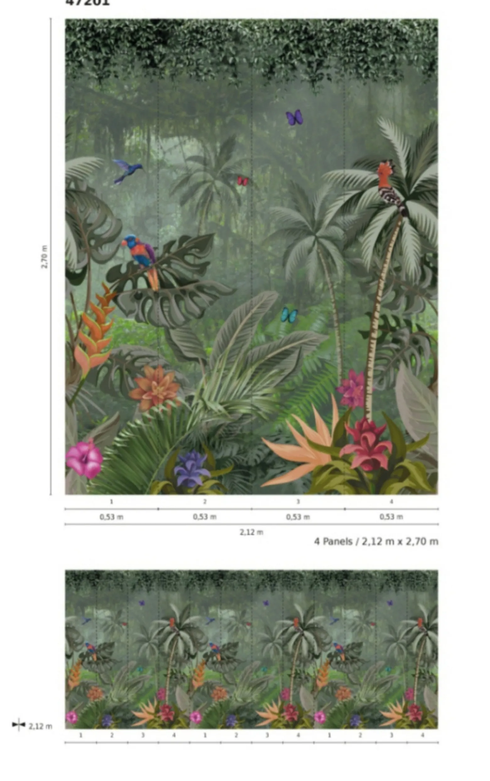 Fototapete Vlies Dschungel Vögel Floral grün bunt 47201