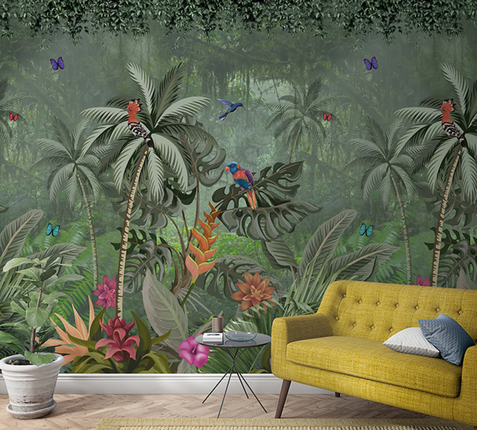 Fototapete Vlies Dschungel Vögel Floral grün bunt 47201