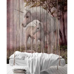Fototapete Vlies Einhörner Holz beige rosa Premium