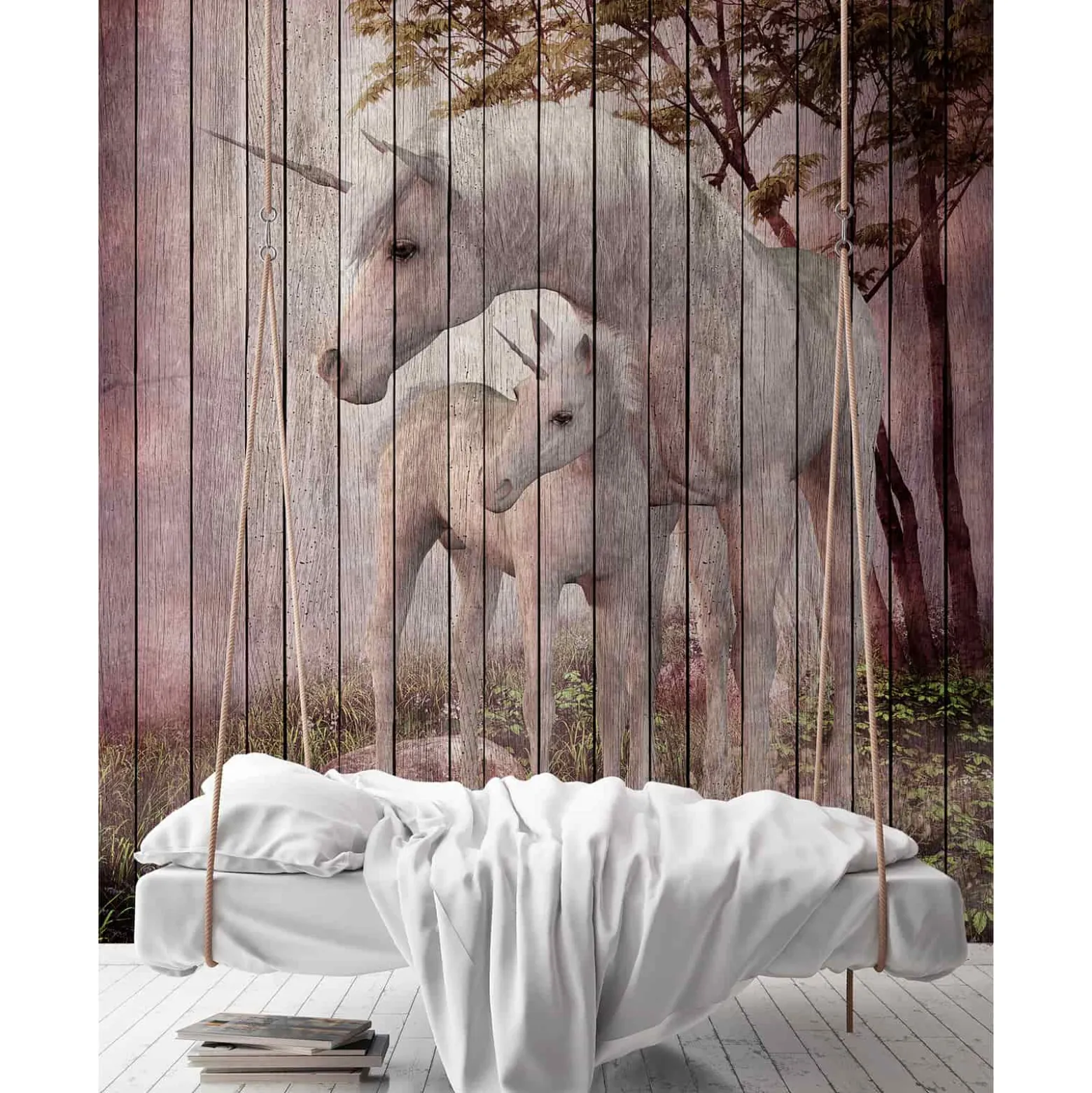 Fototapete Vlies Einhörner Holz beige rosa Premium