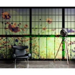 Fototapete Vlies Fenster Blumen grün schwarz Premium