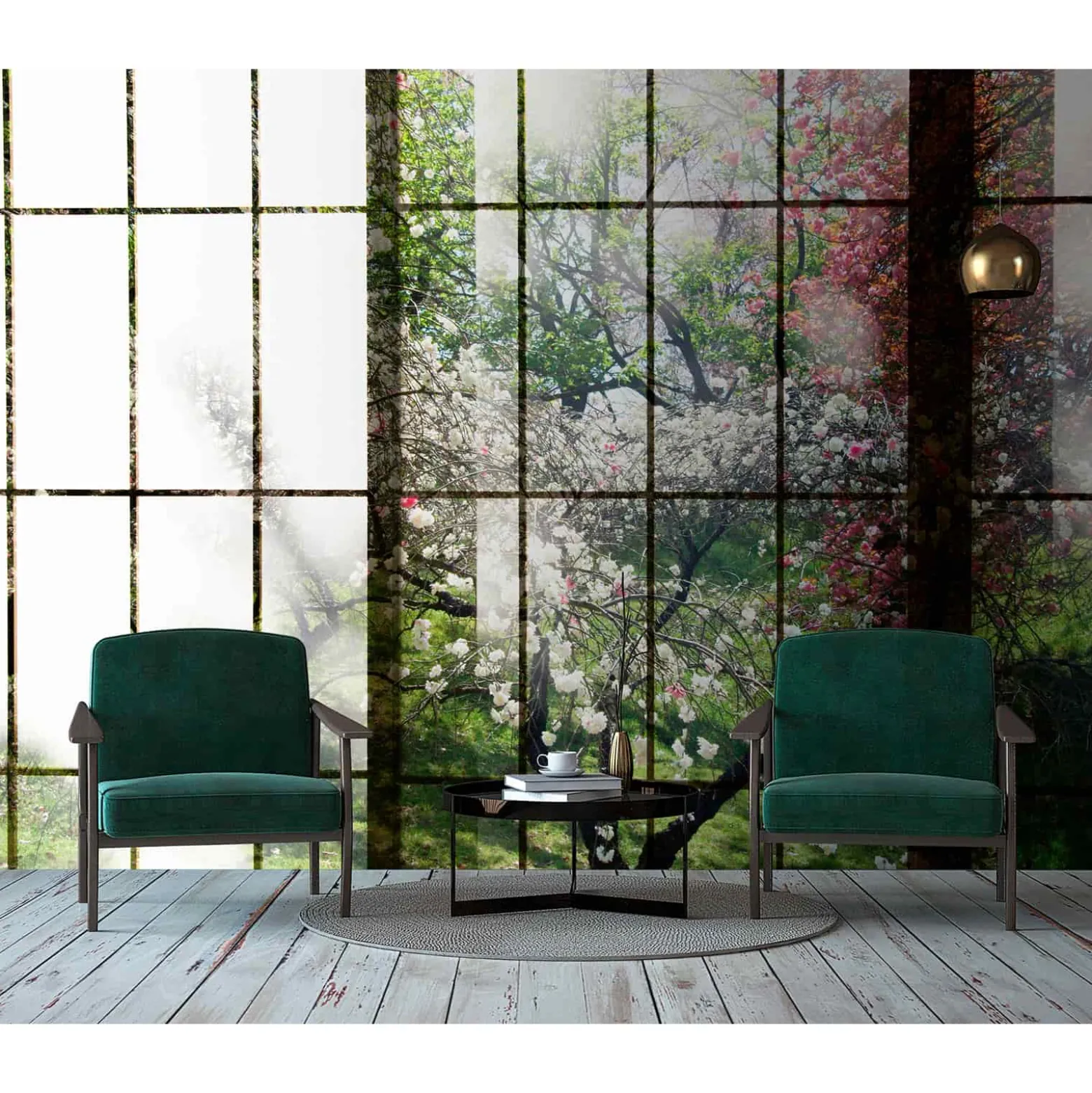 Fototapete Vlies Fenster Kirschbäume rosa rot Premium