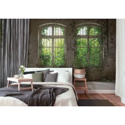 Fototapete Vlies Fenster Putz Mauer grau grün