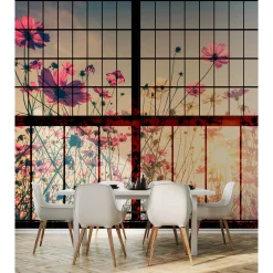 Fototapete Vlies Fenster Wiesenblumen rot grün Premium