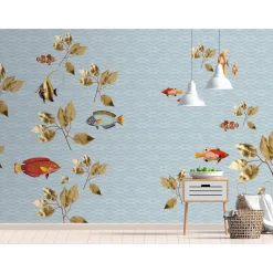 Fototapete Vlies Fische Blätter Wellen blau Premium