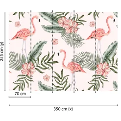 Fototapete Vlies Flamingos Blätter rosa grün creme