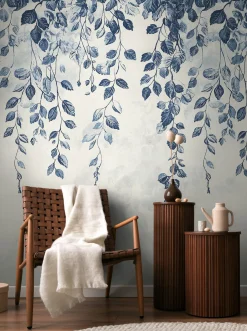 Fototapete Vlies Floral Blattmuster Creme Blau 79144-5