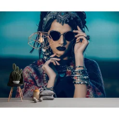 Fototapete Vlies Frau Boheme blau braun grau Premium