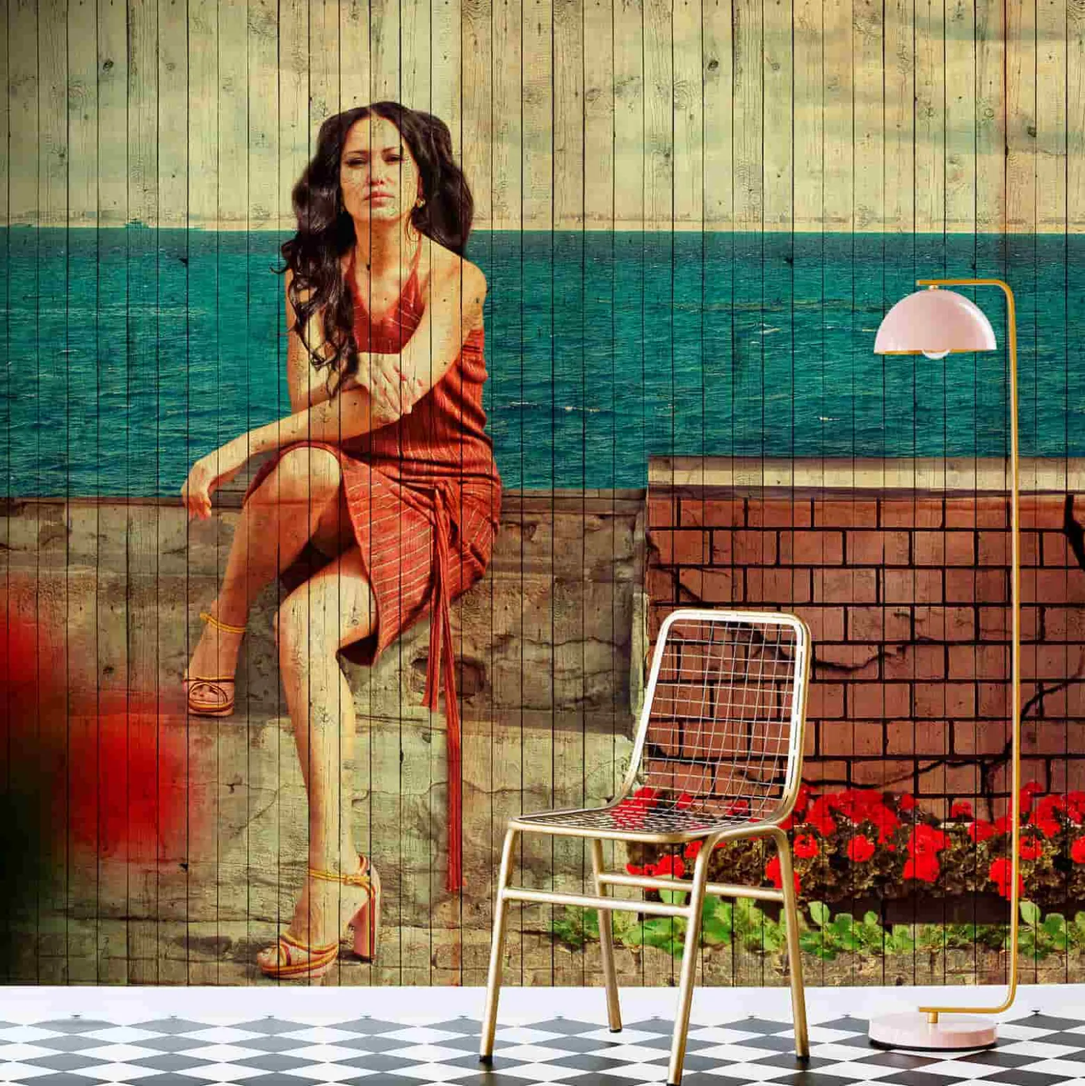 Fototapete Vlies Frau Holz Urlaub rot beige Premium