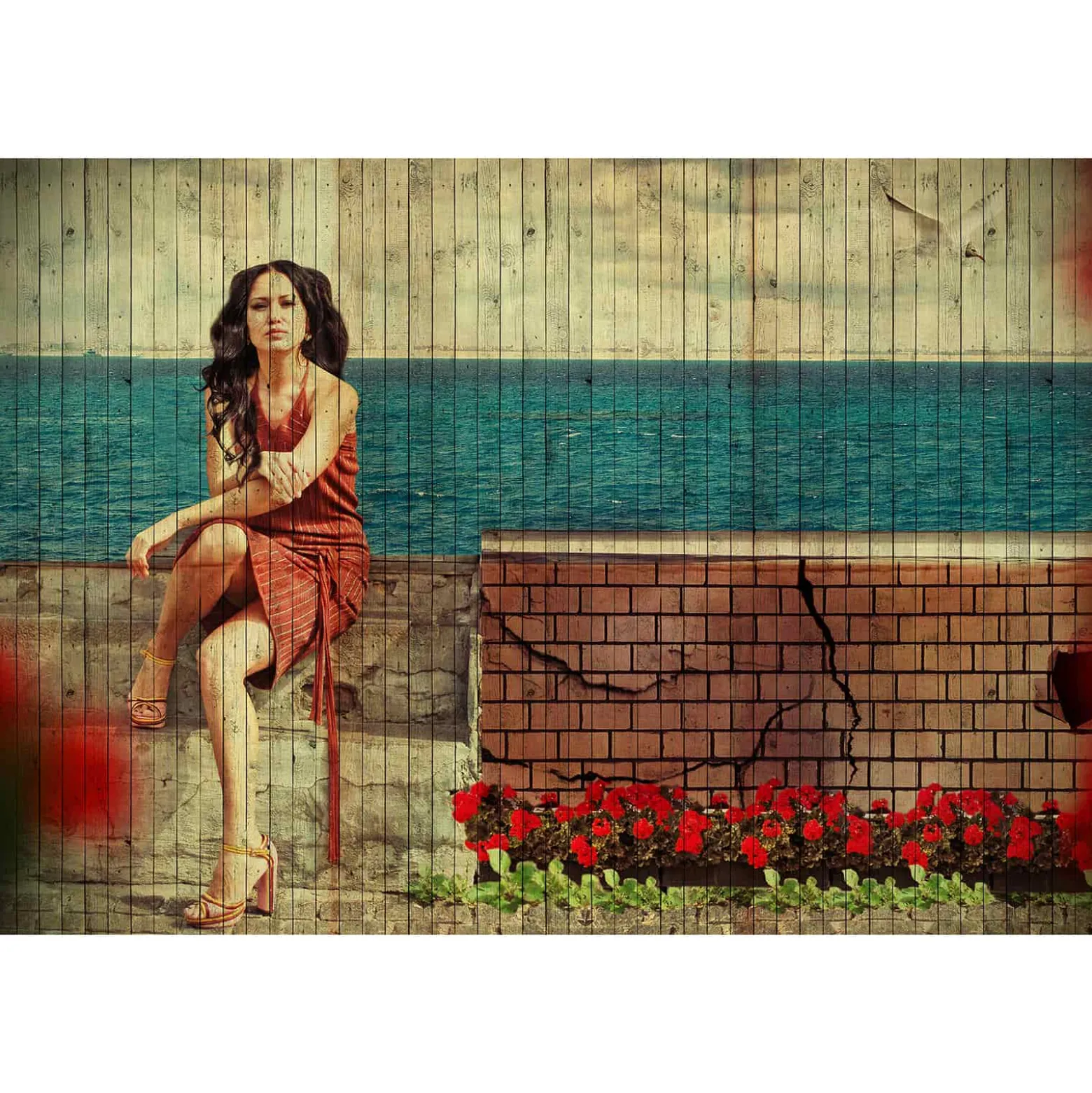 Fototapete Vlies Frau Holz Urlaub rot beige Premium