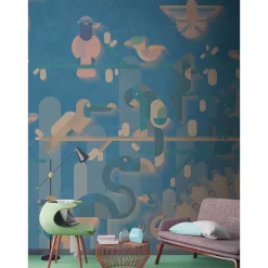 Fototapete Vlies Grafik Vögel Pfau blau beige Premium