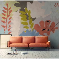 Fototapete Vlies Kunst Blätter blau creme grün Premium