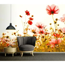 Fototapete Vlies Mohnblumen Floral rot grün weiß