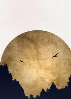 Fototapete Vlies Mond Vögel Natur gold schwarz