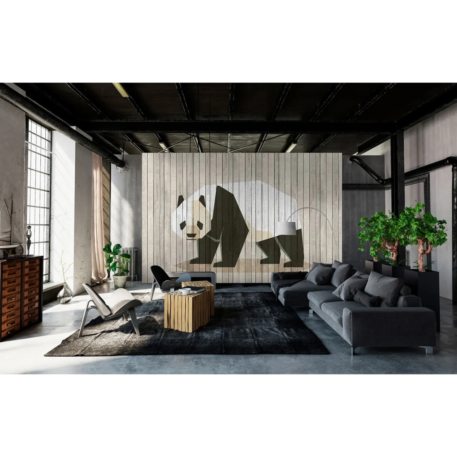 Fototapete Vlies Panda Holz-Paneele braun weiß Premium