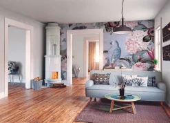 Fototapete Vlies Papagei Blumen blau rosa grün