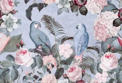 Fototapete Vlies Papagei Blumen blau rosa grün