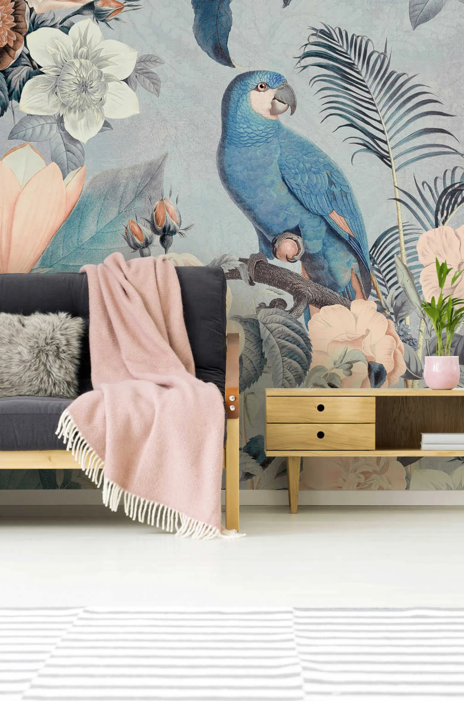 Fototapete Vlies Papagei Blumen blau beige grau