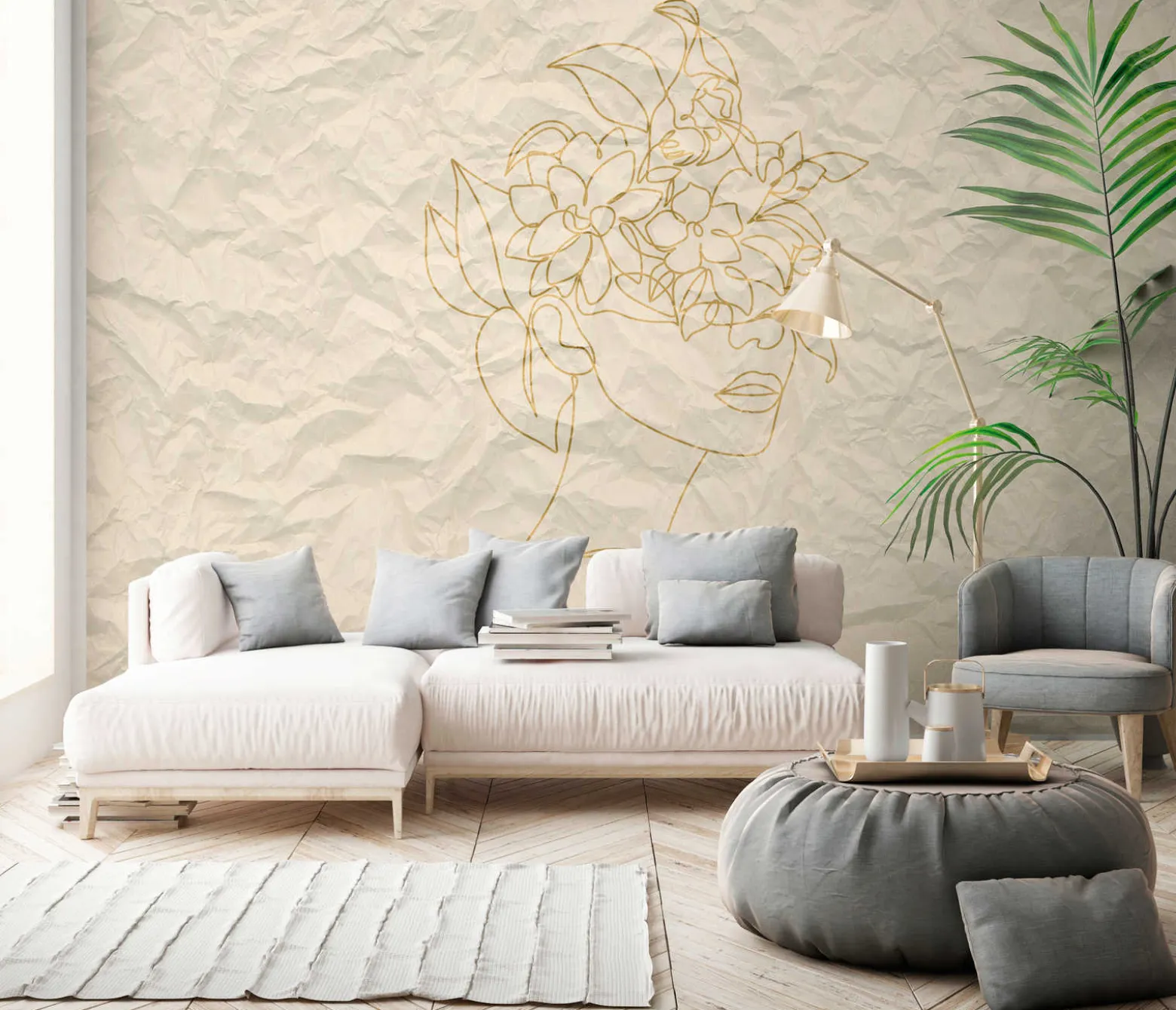 Fototapete Vlies Papier Gesicht Blumen beige