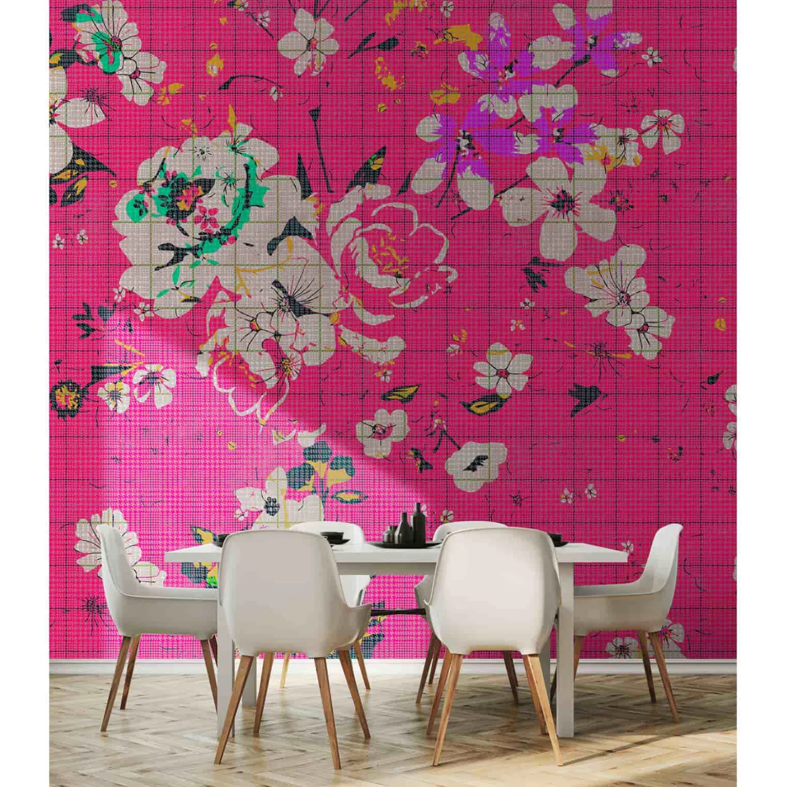 Fototapete Vlies Pop-Art Blumen Fliesen pink Premium