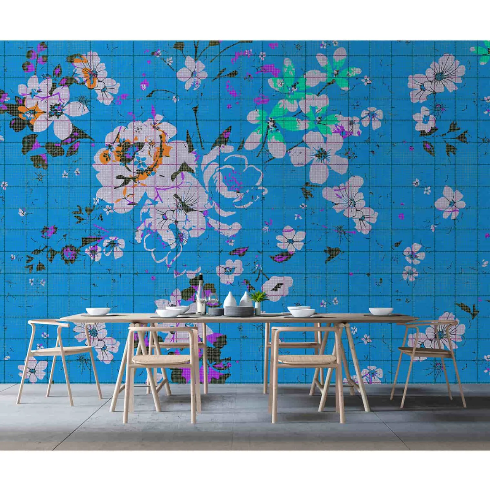 Fototapete Vlies Pop-Art Blumen Fliesen blau Premium