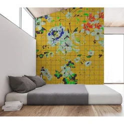 Fototapete Vlies Pop-Art Blumen Fliesen gelb Premium