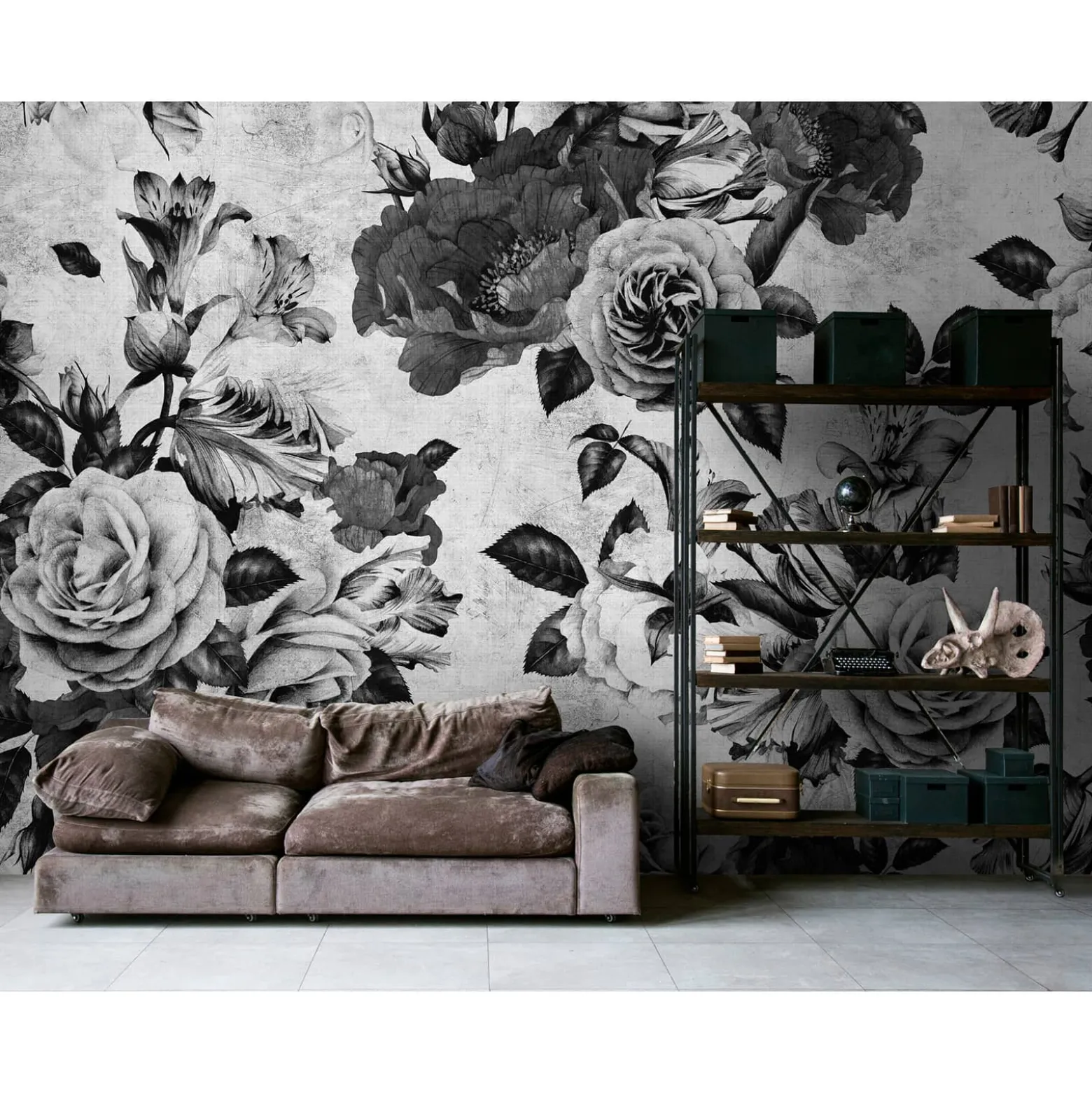 Fototapete Vlies Rosen Floral grau schwarz Premium