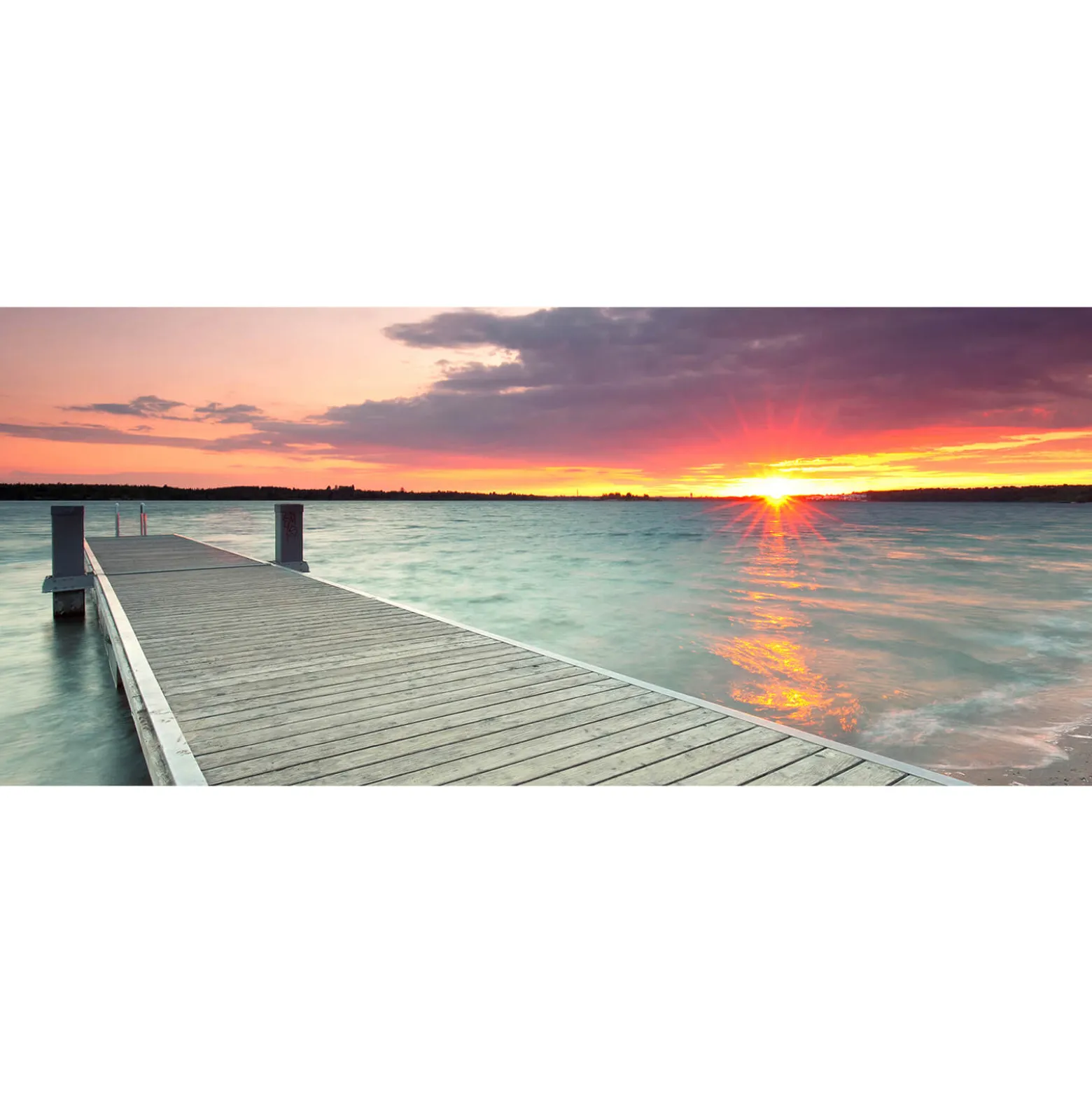 Fototapete Vlies Steg Sonnenuntergang Wasser blau
