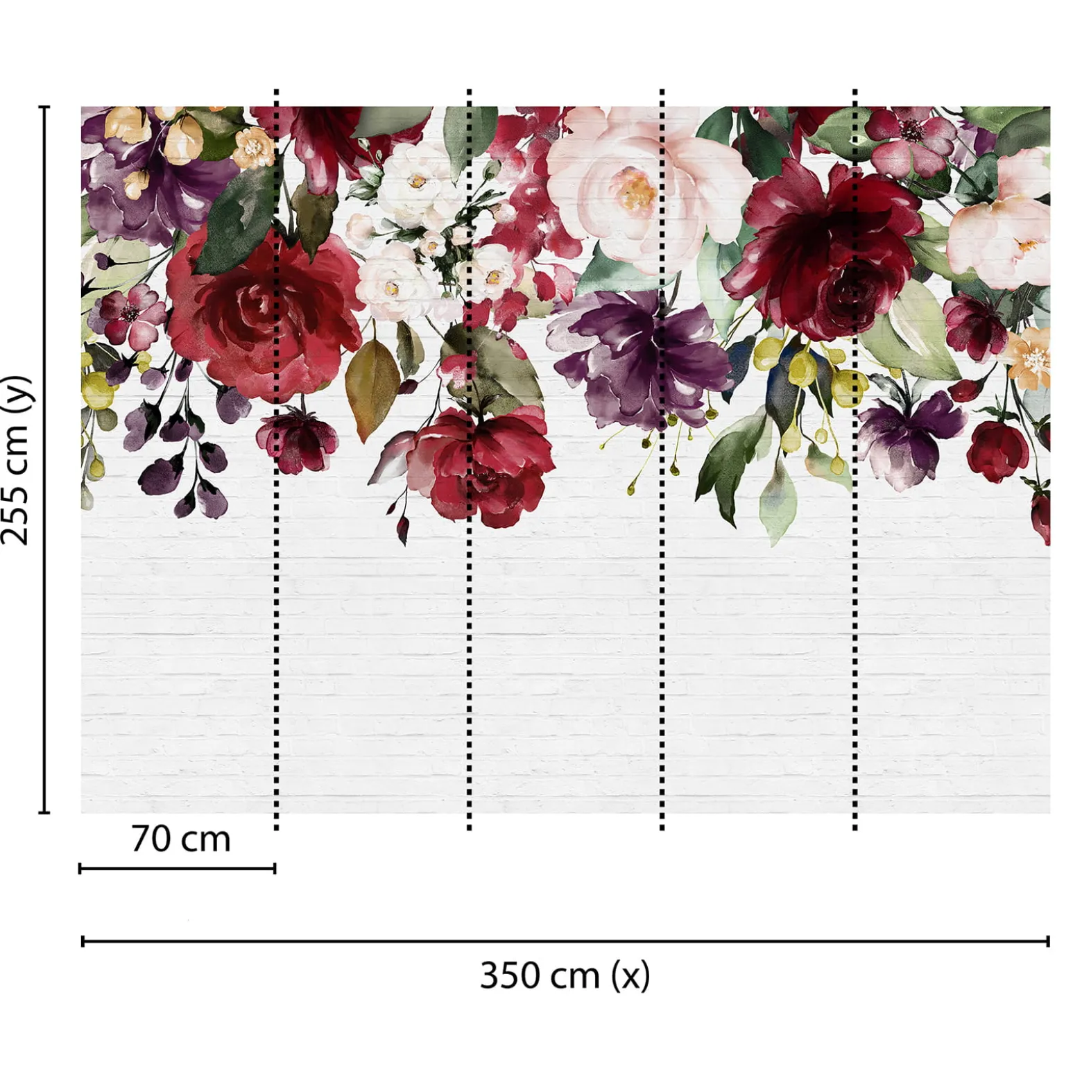 Fototapete Vlies Steinwand Blumen weiß rot grün