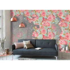 Fototapete Vlies Steinwand Rosen grau grün rosa