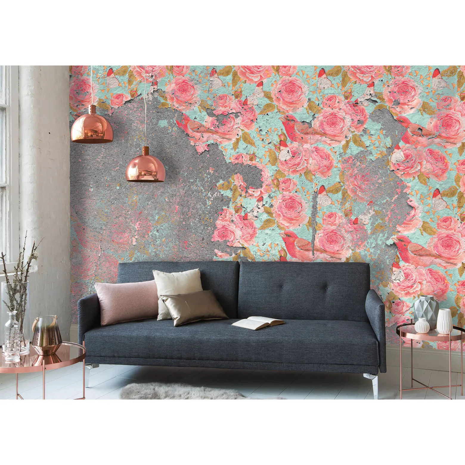 Fototapete Vlies Steinwand Rosen grau grün rosa