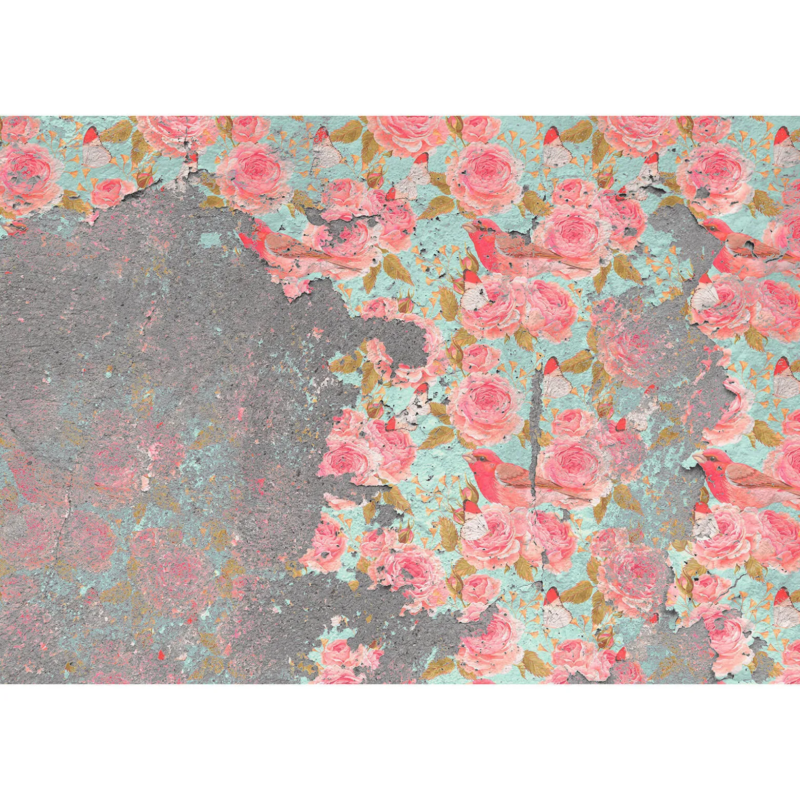 Fototapete Vlies Steinwand Rosen grau grün rosa