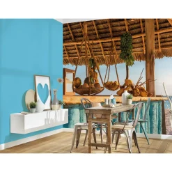 Fototapete Vlies Strandbar Urlaub blau braun weiß