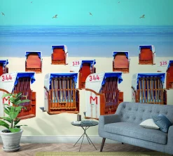 Fototapete Vlies Strand-Körbe Meer blau braun beige