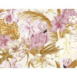 Fototapete Vlies Tropisch Flamingo Blumen rosa gelb