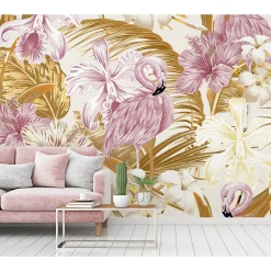 Fototapete Vlies Tropisch Flamingo Blumen rosa gelb