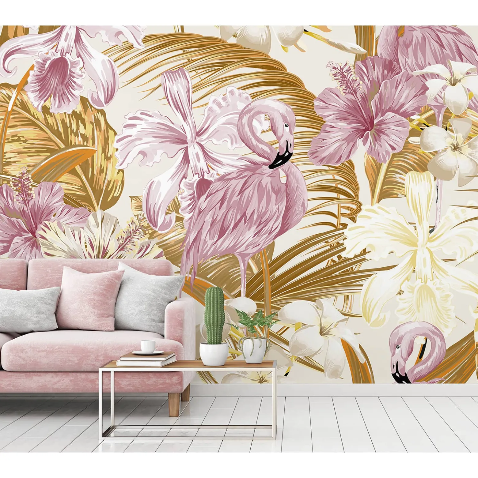 Fototapete Vlies Tropisch Flamingo Blumen rosa gelb
