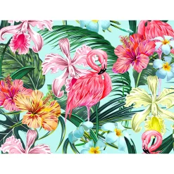 Fototapete Vlies Tropisch Flamingo Blumen pink grün blau