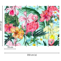 Fototapete Vlies Tropisch Flamingo Blumen pink grün blau