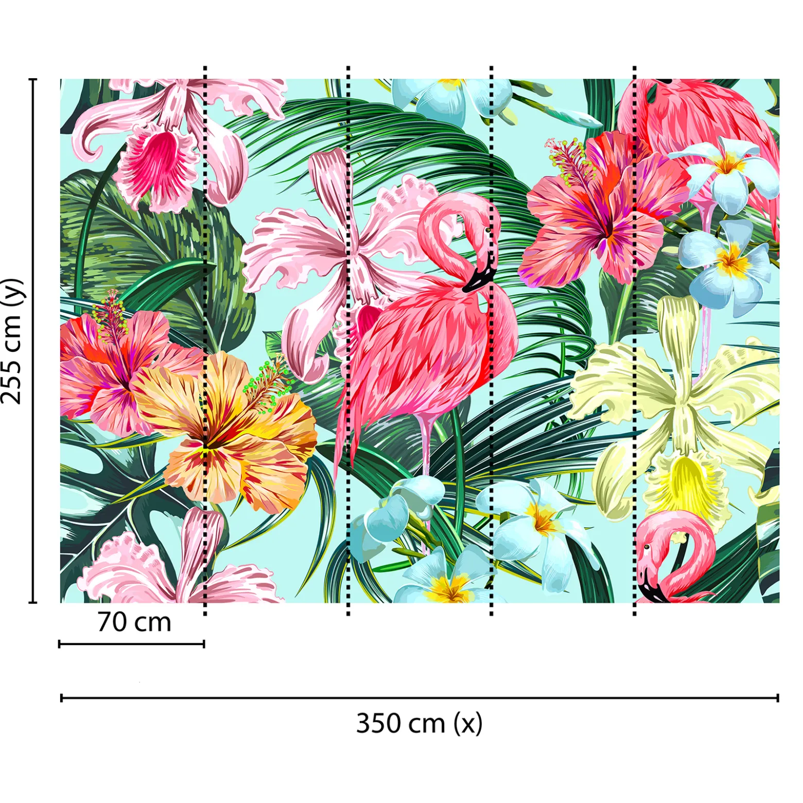 Fototapete Vlies Tropisch Flamingo Blumen pink grün blau