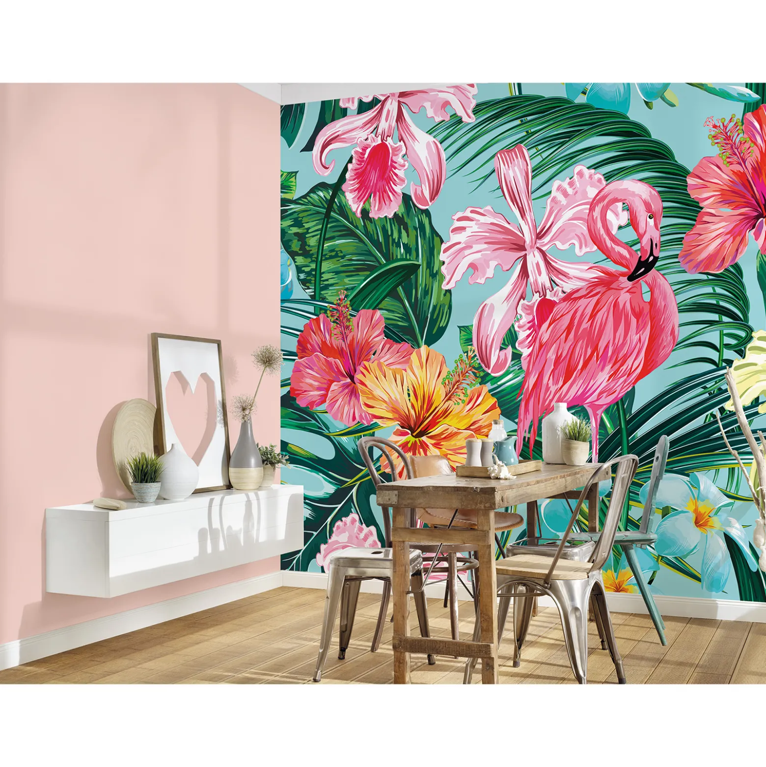 Fototapete Vlies Tropisch Flamingo Blumen pink grün blau