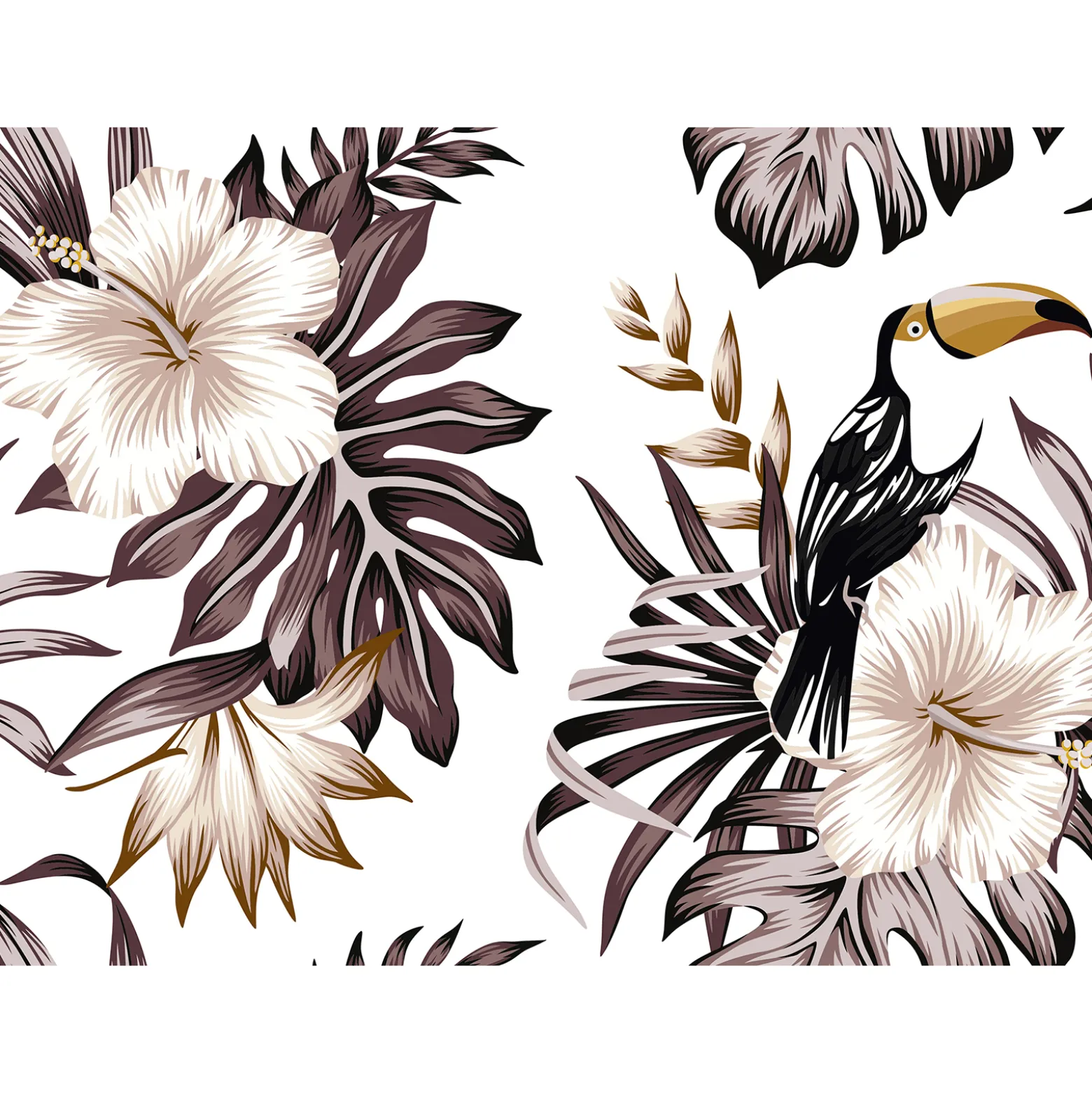 Fototapete Vlies Tukan Blumen Blätter braun creme weiß