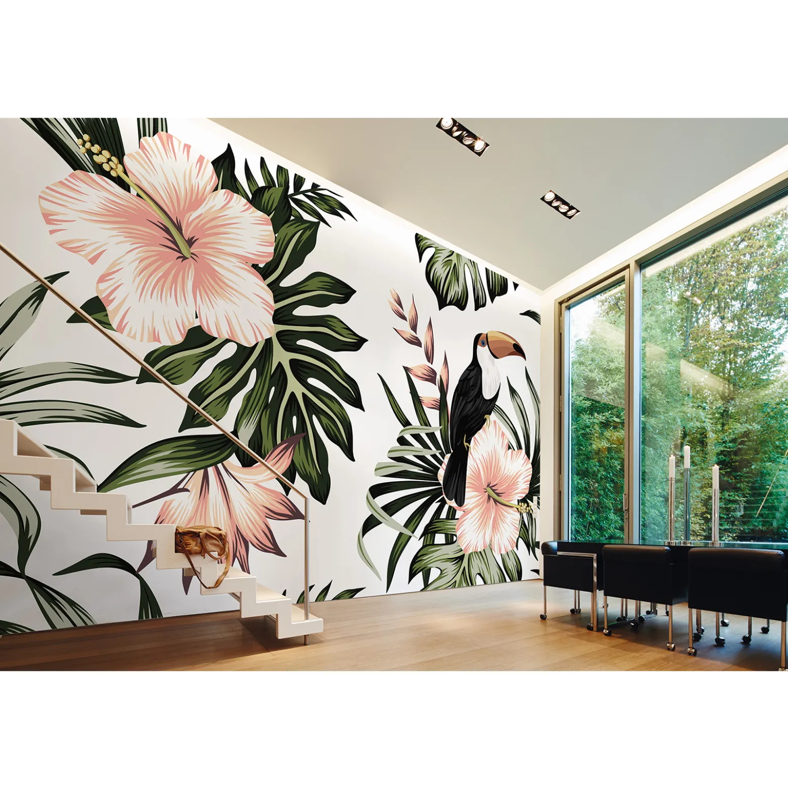 Fototapete Vlies Tukan Blumen Blätter grün rosa weiß