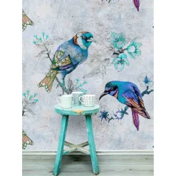 Fototapete Vlies Vögel Aquarell blau grau Premium